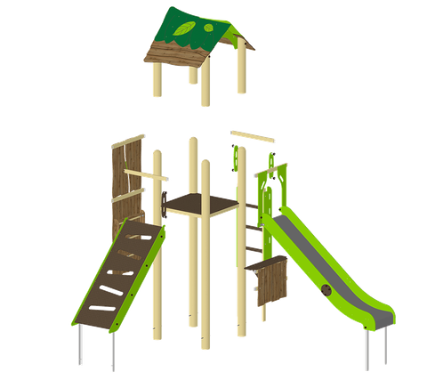 Schematisches 3D-Modell einer Spielkombination der Serie Metall 4.0 das die einzelnen Bauteile separiert abbildet